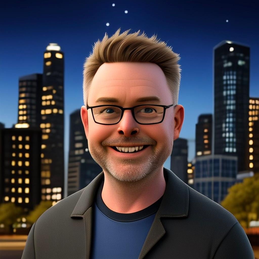 Michael smiling warmly at the camera, wearing glasses and a dark jacket over a blue shirt. He has blonde spiky hair and a friendly, welcoming expression. Behind him is a nighttime cityscape with illuminated skyscrapers and stars in the sky.